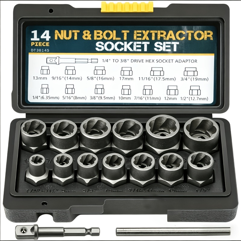 TEMU 15pcs Nut Extractor Kit With 13 And Nut Removers Rod For Stuck Nuts And 1pc 1 Quarter To 3 Eighths Drive Hex Socket Adapter