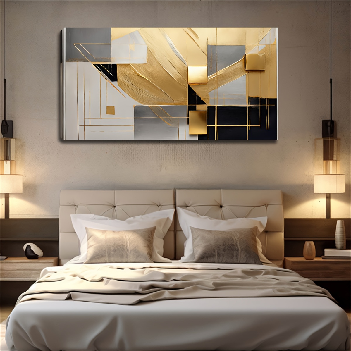 TEMU 1 Large Size Art Canvas Picture With Frame, Abstract Geometric Shapes In Golden, Silvery, Black, Landscape Canvas Wall Art, Suitable For Office,