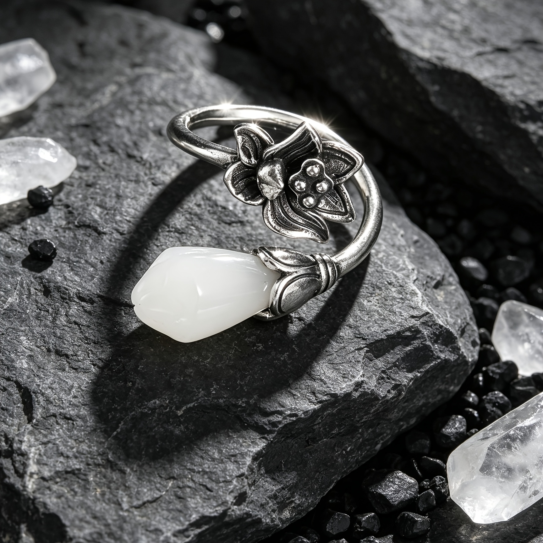 Vintage Lotus Open Ring, Artistic Floral Design for Women