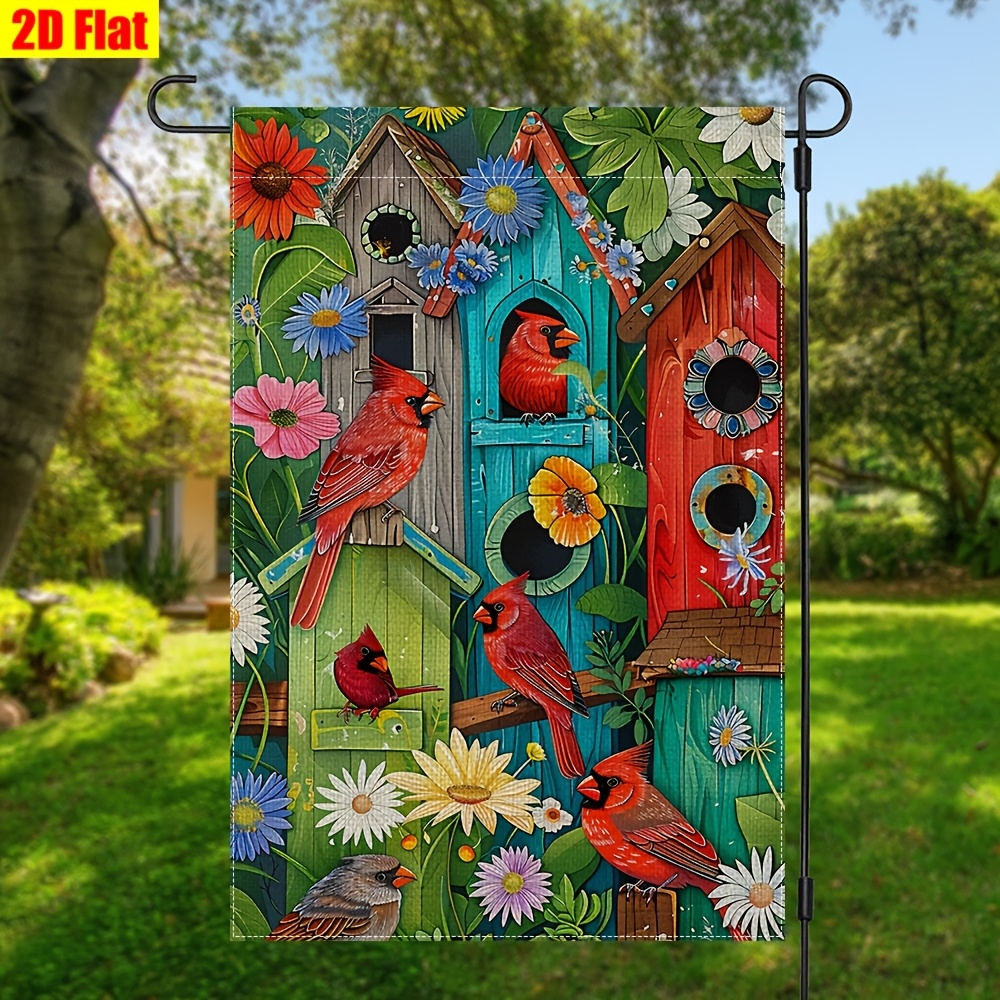 TEMU Vibrant Birdhouse Garden Flag - Double-sided 4-season & Yard Decor, 12x18in, No Flagpole Needed, Durable Linen Material, Colorful Indoor &