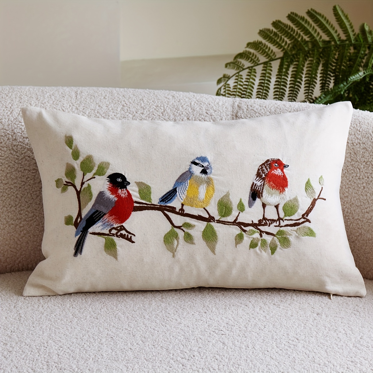 E-shop 1 Stück Beige Leinen Kissenbezug mit exquisiter Vogelstickerei auf Ästen - Dekorativer Kissenbezug, Naturstil Innendekoration,