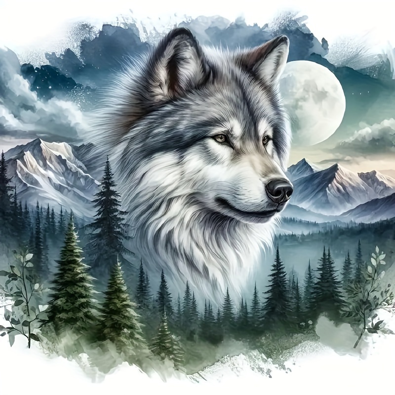 Image of 5d Diy Wolf Diamond Painting Kit, Round Full Drill Acrylic Diamond Art Mosaic, Animal Themed Diamond Painting Set, No Frame, Handcrafted Craftwork - 20x20cm - Perfect For Birthday And Holiday Gifts