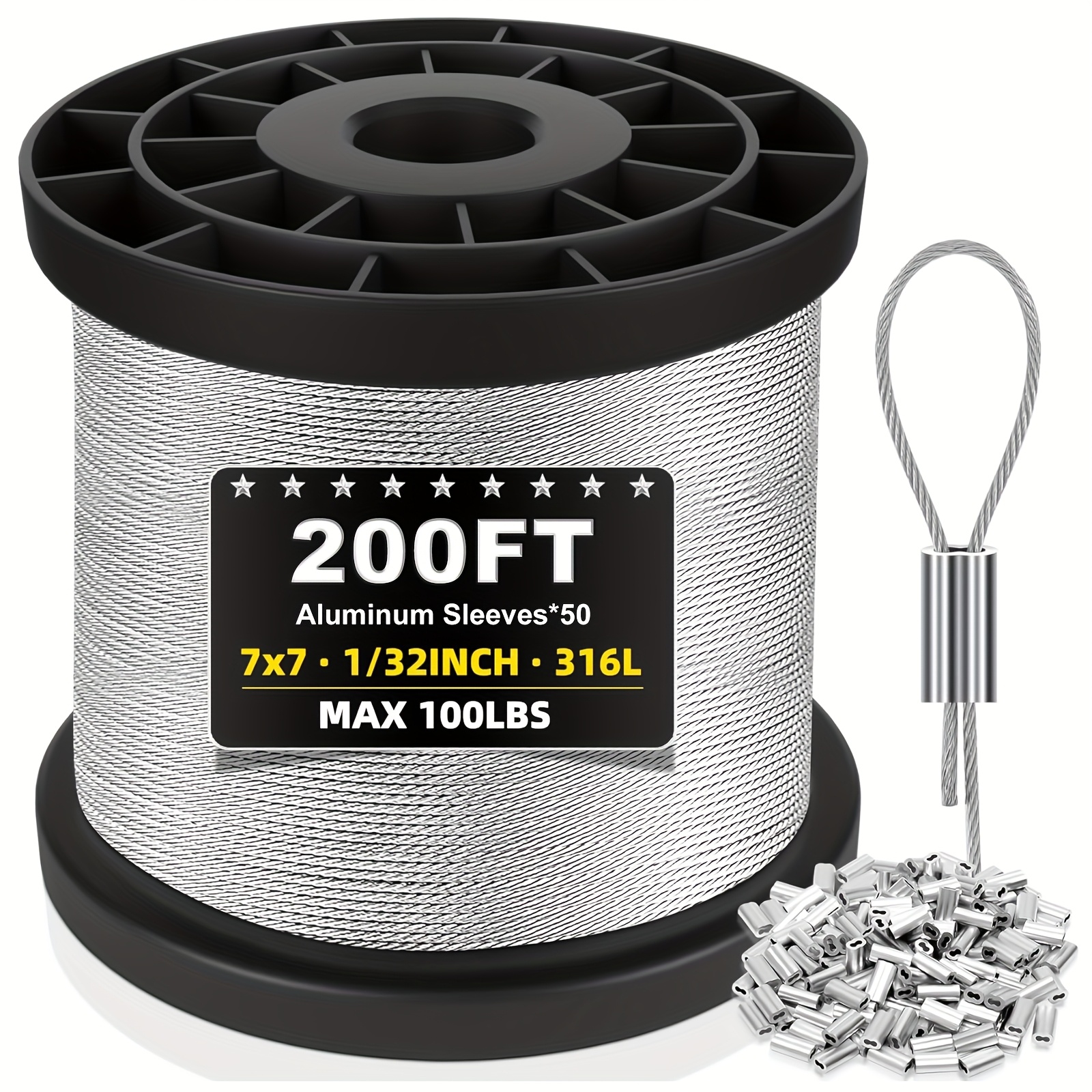 TEMU Fil d'acier inoxydable 316, câble de 400ft. 600ft. 800ft. 1000ft. 1/32 pouces avec manchons en aluminium pour guirlandes lumineuses, cordes à
