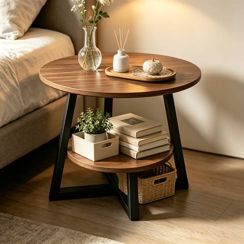 item picture modern minimalist round side table with open lower storage shelf compact space saving small end table suitable for bedroom balcony wood tabletop lower shelf assembly for small spaces indoor furniture