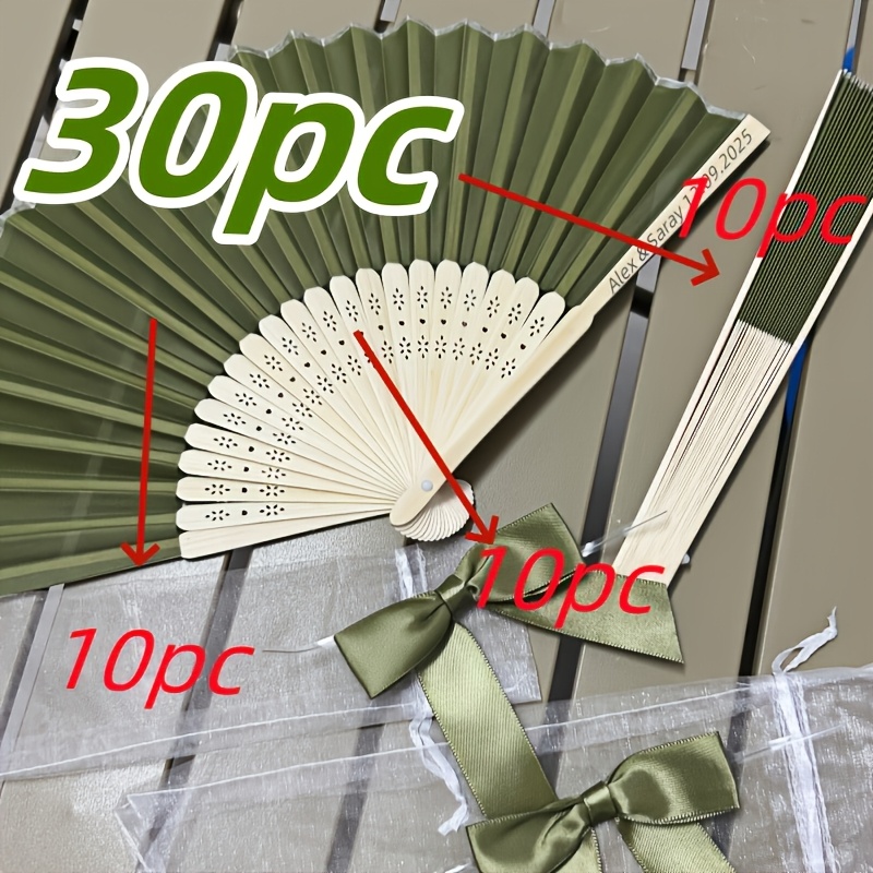 TEMU Personalized Customization, 30pcs Wooden Wedding Fan Set - 10 Fans   10 Mesh Bags   10 Bows - Engraved With Names And Dates, Durable Bamboo Fan