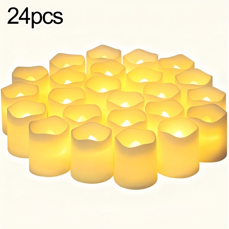 set of 24 led candles   a warm white light battery operated realistic flameless tea lights suitable for home weddings parties halloween and christmas decorations   indoors and outdoors