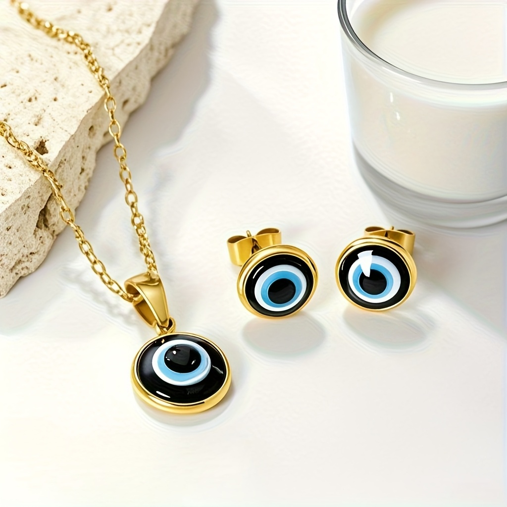 Stainless Blue Evil Eye Pendant Necklace And Earrings Set, A Sophisticated Yet Compact Jewelry Ensemble Perfect For Daily Wear Or As A Gift For On Birthdays And Special Occasions