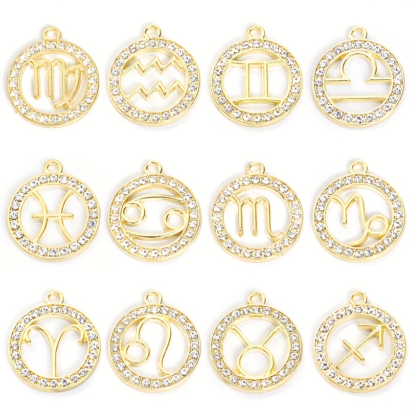TEMU 12-pack Shiny Rhinestone Inlaid Zodiac Signs Design Hollow-out Round Pendant, Suitable For Diy Men's And Women's Keychains, Bag Charms, And