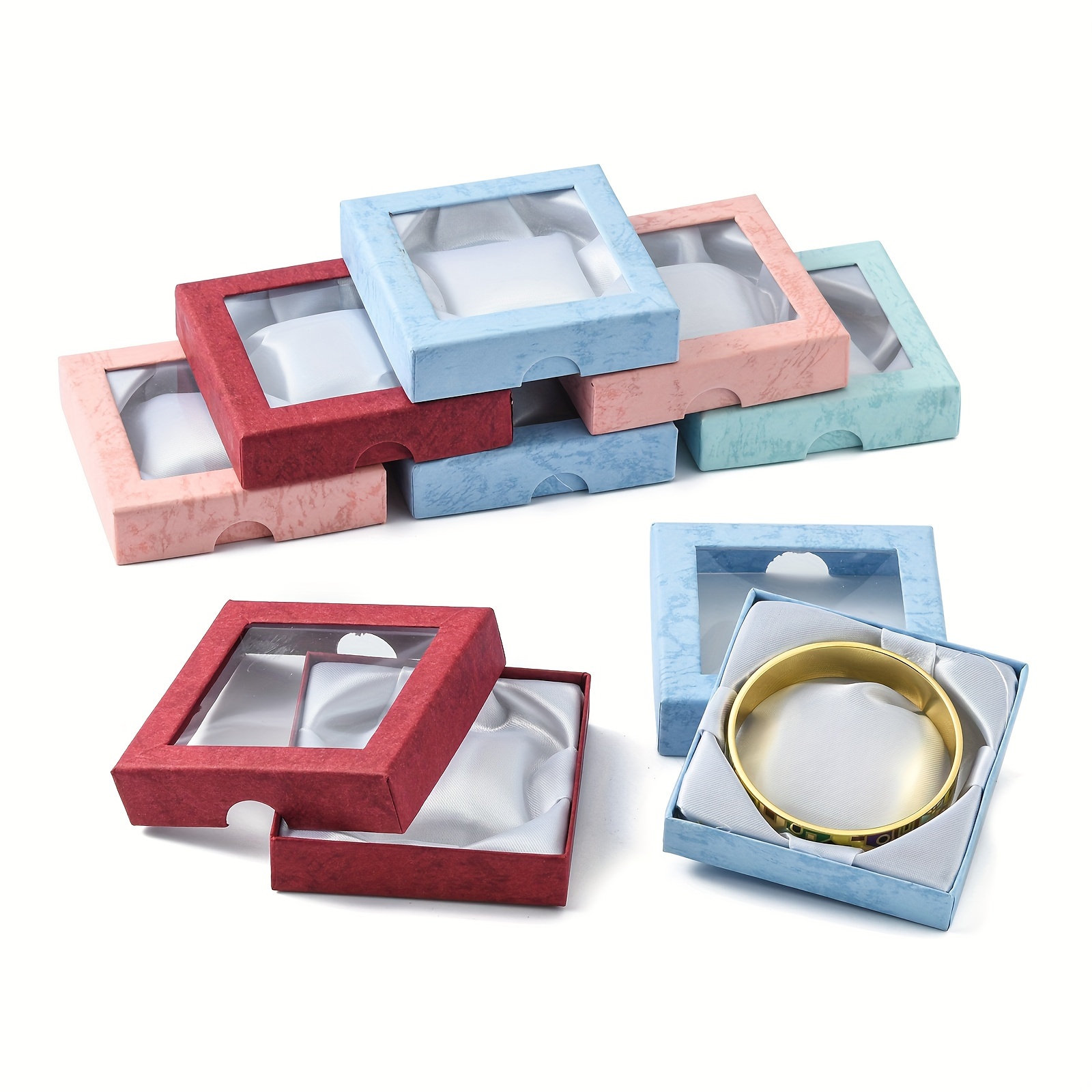 

12pcs Boîtes-cadeaux en carton de couleur mélangée pour bijoux, boîtes d'emballage carrées pour présentoir de bracelets, 9x9x2cm, avec fenêtre pour le stockage des bijoux et cadeau