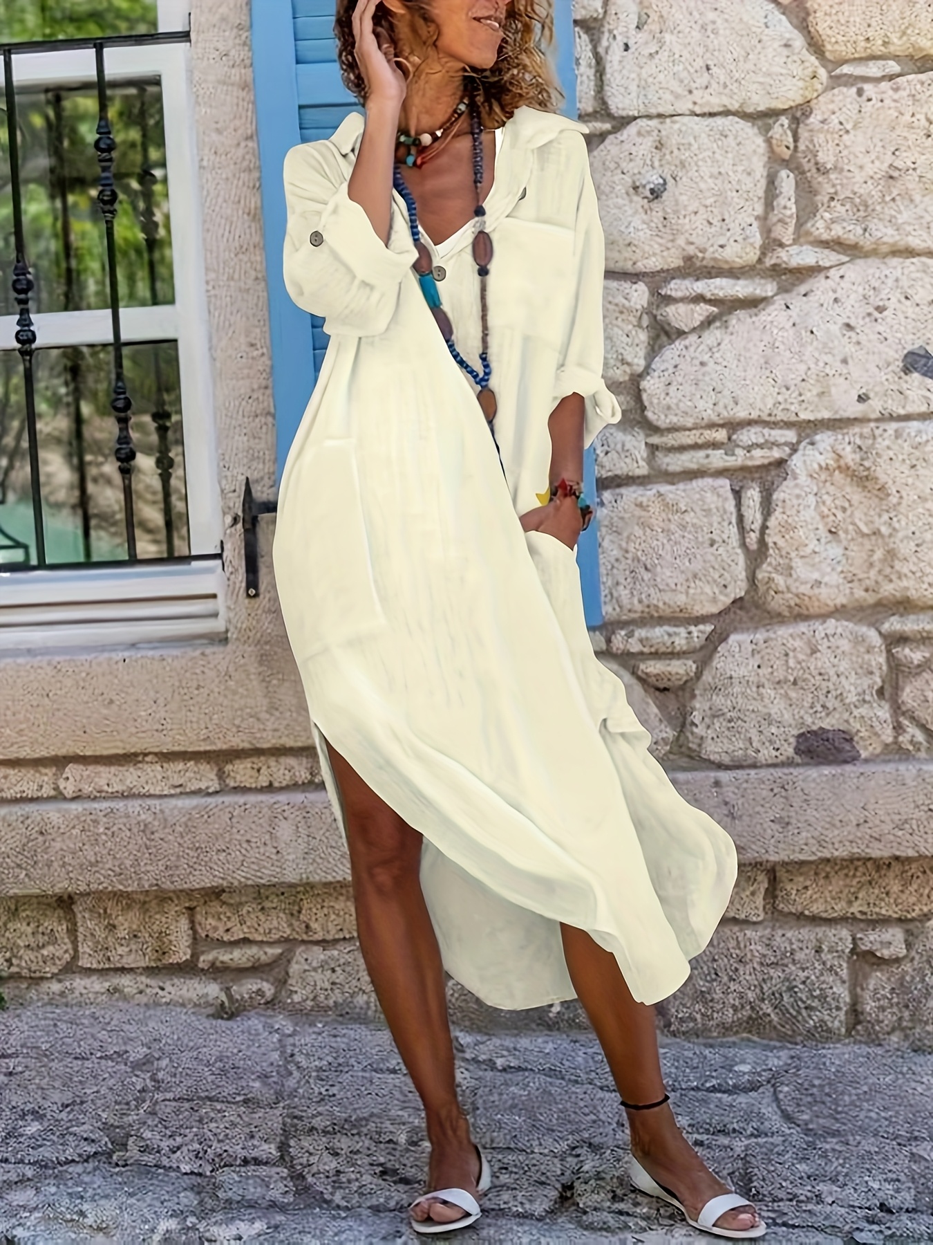 2025 womens long shirt dress design casual button front Temu