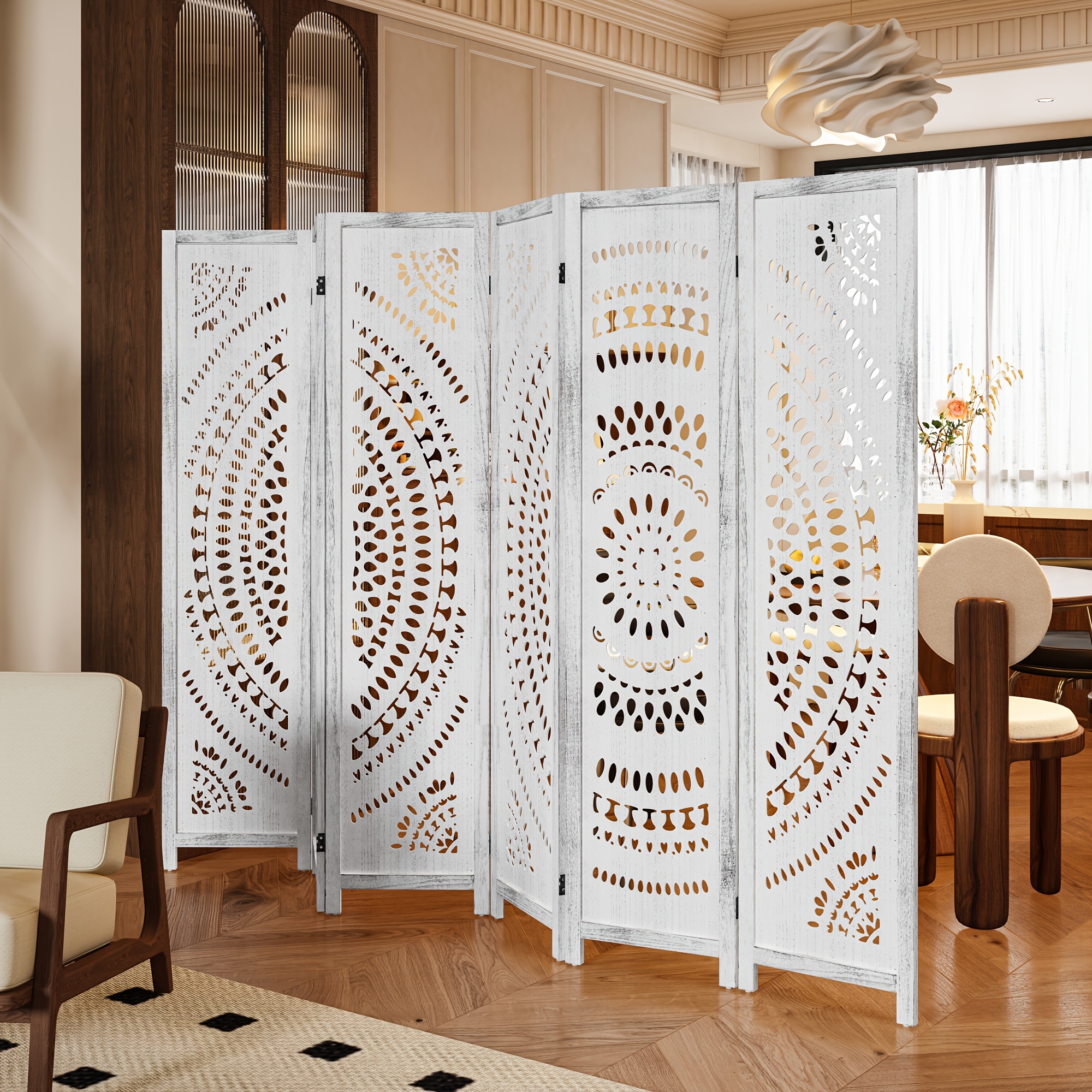 94 5 inch folding room divider 3 6 panels wood carved boho privacy screens free assembled freestanding partition for home office bedroom restaurant studio apartment antique white natural wood