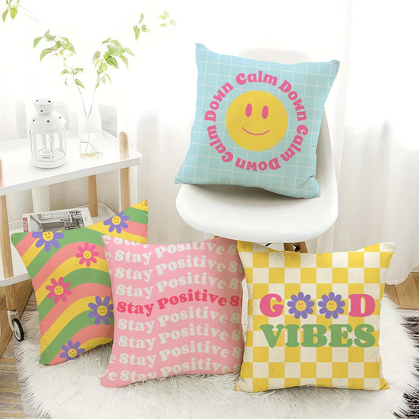 

4pcs Set Ultra Soft Joyful Face Pillowcases - Contemporary Style, Machine Washable, Zip Closure - Perfect For Sofa, Living Room & Bedroom Decor (covers Only)