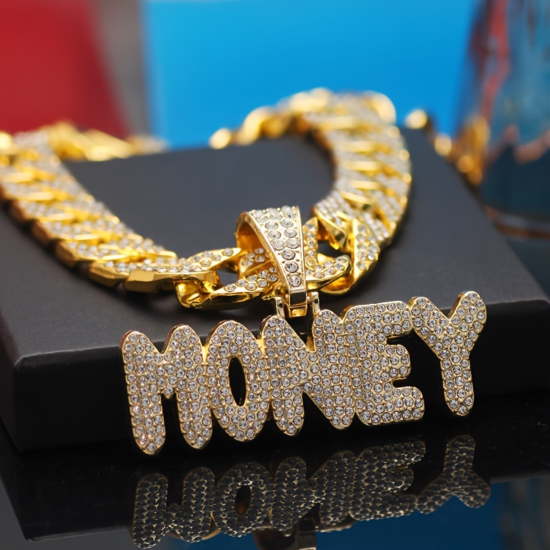 1pc Cuban Link Chain For Men Shiny Money Pendant Necklace With Ice Cuban Link Chain Miami Hip Hop Pendant Choker Necklace For Men And Women Birthday Gift, Fathday's Gift