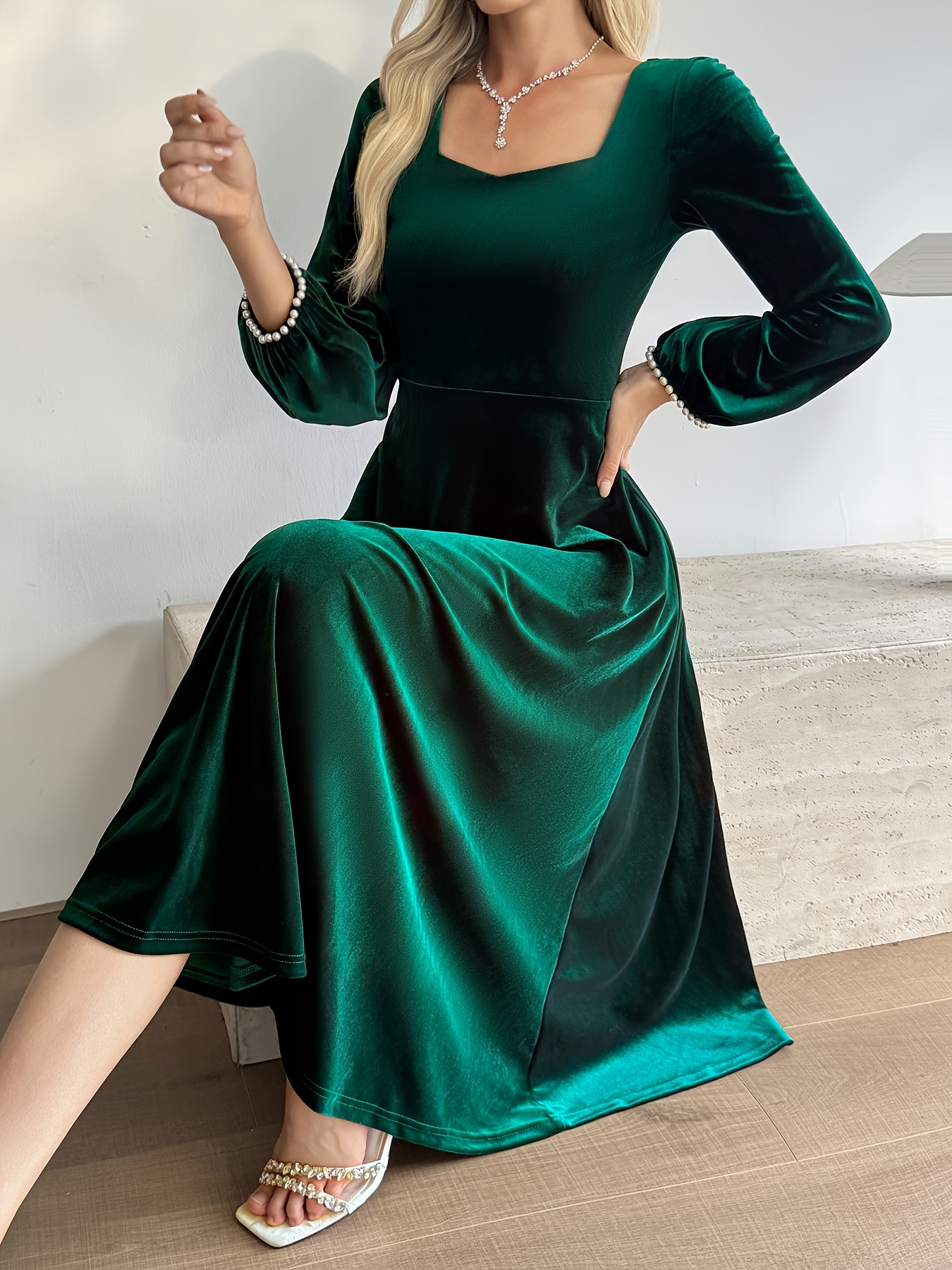 royal green dark green velvet lantern sleeve waist cinching - Temu Oman