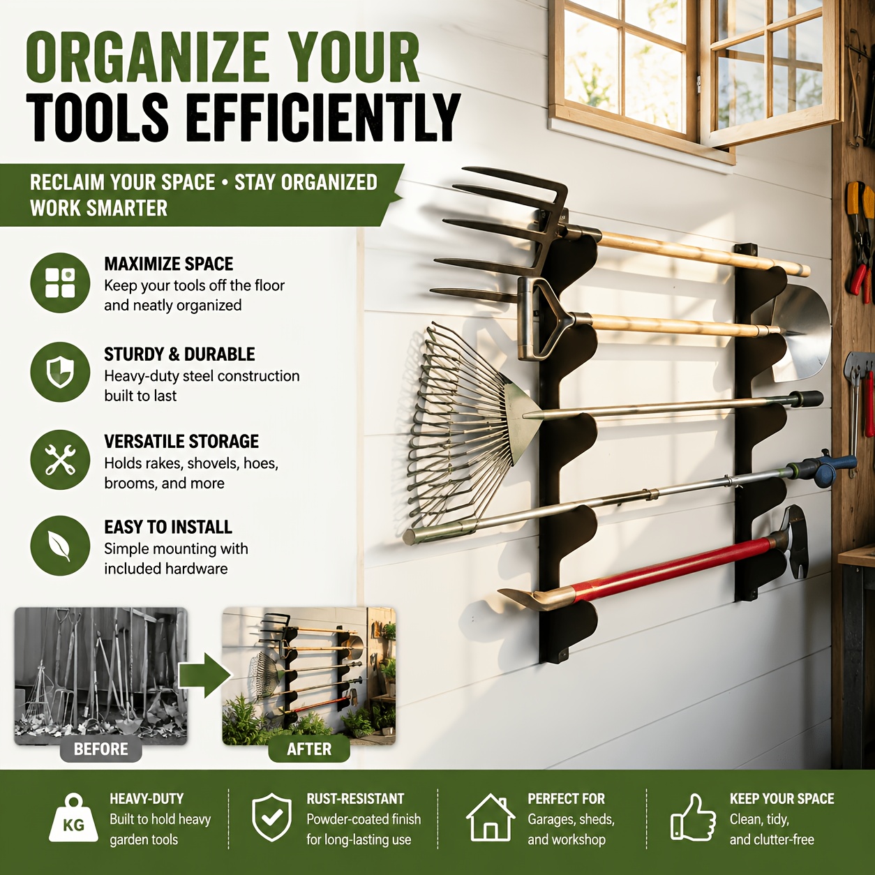 TEMU 2pcs Heavy-duty Wall Mount Tool Rack, Space-saving Garden & Garage Tool Organizer For Shed, Warehouse & Home Use