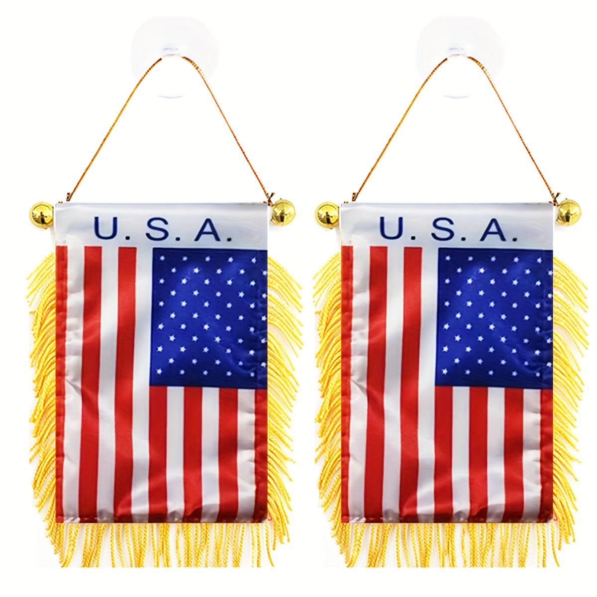 

2pcs Double-sided Flags With Tassels - 3x4 Inch, Polyester, Car Mirror & Outdoor Decor, Includes Suction Cups