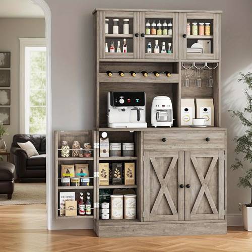 71 tall black kitchen pantry cabinet with power outlet stylish storage solution featuring doors shelves drawer wine rack organizing kitchen or living room essentials pantry organization modern kitchen cabinet metal construction kitchen organizers and storage