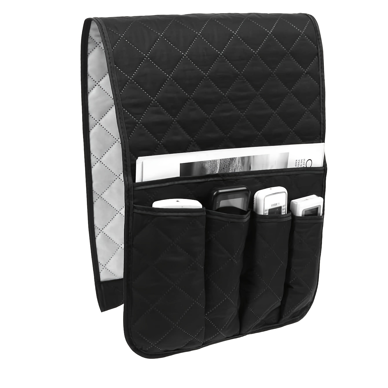 

1pc Quilted Sofa Armrest Organizer - Fabric Storage Bag With Multiple Compartments For Remote, Smartphone, And Accessories, Remote Control Holder|quilted Design|sleek Black Organizer