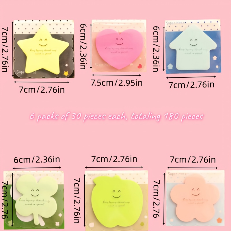 6 Styles Mixed Pack - Fun Shaped Labels 30pcs/pack | Includes Star, Heart, Arrow, Flower, Clover, Shapes Sticky Notes - Suitable For Messages, Gift Decoration, Scrapbooking