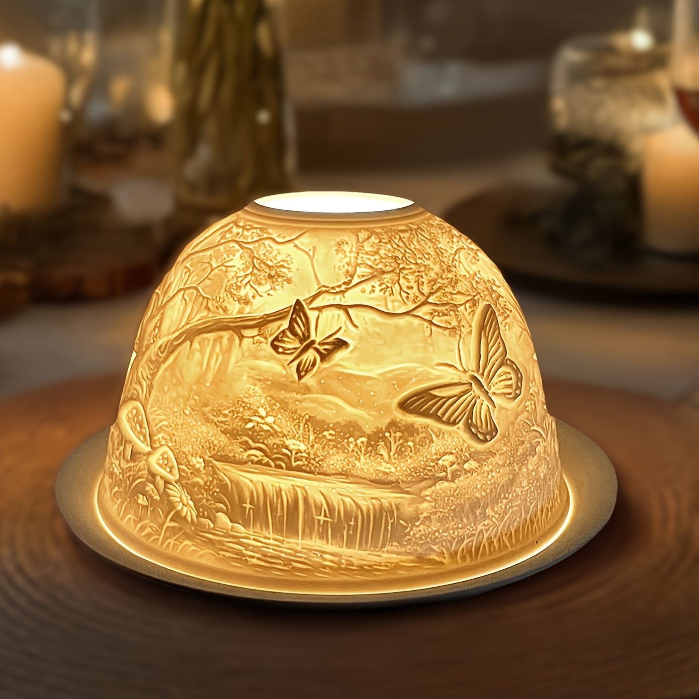 E-shop Keramik-Hauben-Teelichthalter, Set aus Schirm & Untersetzer, Wald- & Schmetterlings-Design, ein atemberaubender Kerzenhalter, der ein 3D-Bild