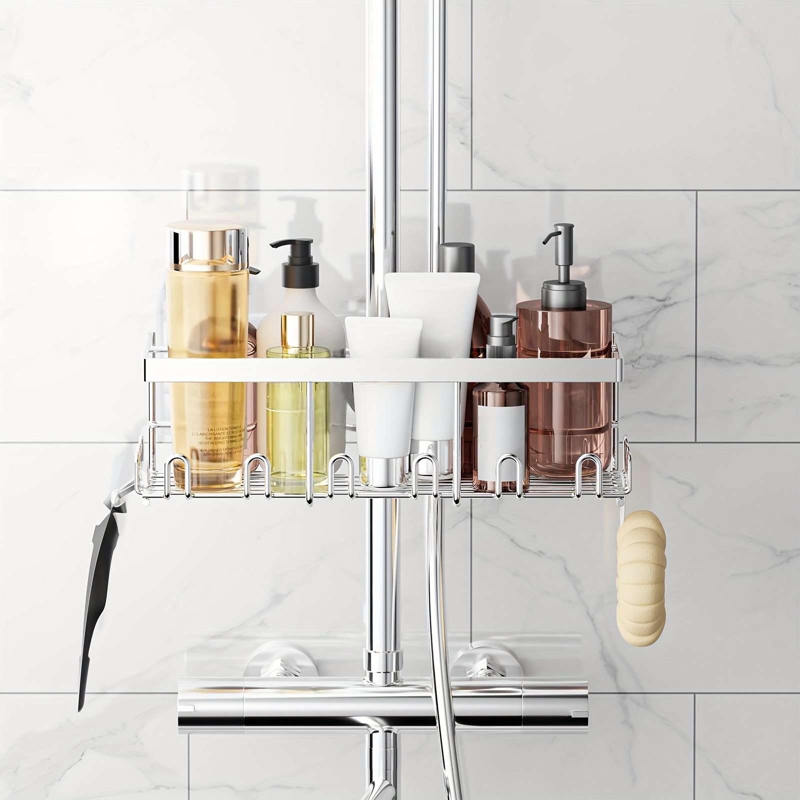 TEMU Shower Shelf Without Drilling - 1pc Shower Rod Storage Rack Stainless Steel For 18 Mm-25mm Shower Rod, Shampoo Holder For Shower, Bathroom