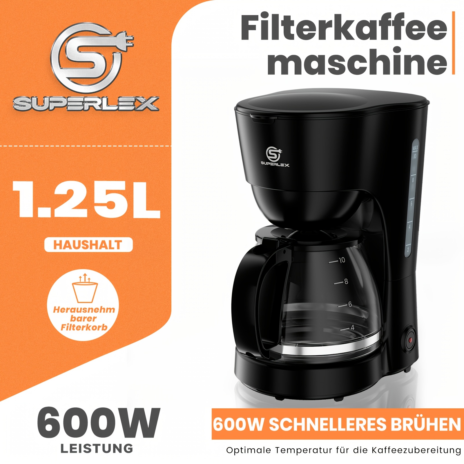 Image of Superlex 1.25l Drip Coffee Maker For Home And Office Use, Anti-dry And Anti-drip Protection, Auto Shut Off, Dishwasher Safe Parts, Ideal For Brewing