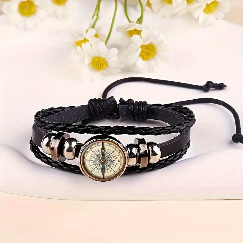 

1pc Vintage Compass Pu Leather Adjustable Jewelry, Street Fashion Men's Bracelet