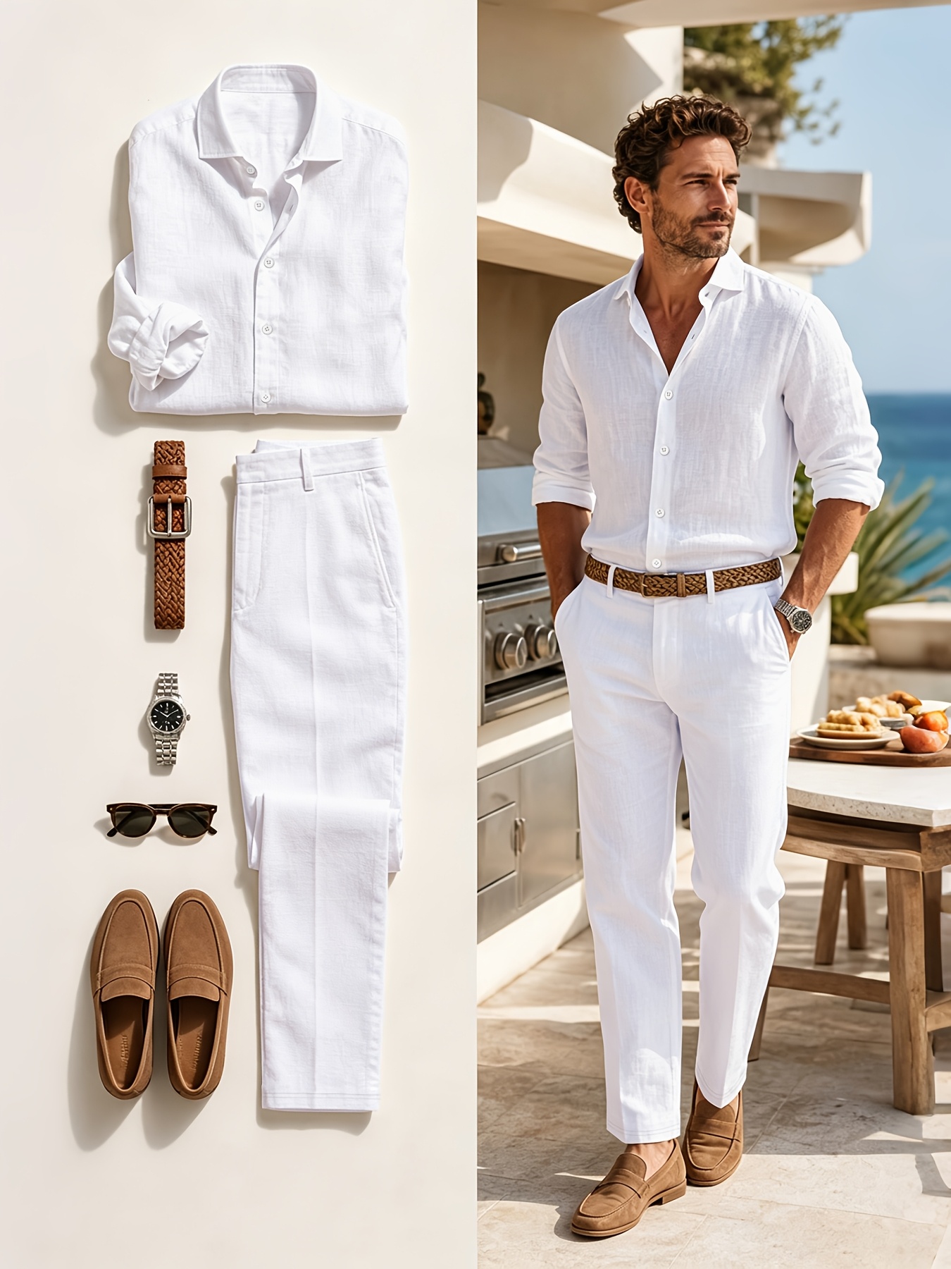 ensemble chemise en lin à col   manches longues mince et pantalon droit pour homme printemps automne nouveau, solide à taille élastique, tendance mode confortable,     sortie sport vacances rue 2 pièces 0