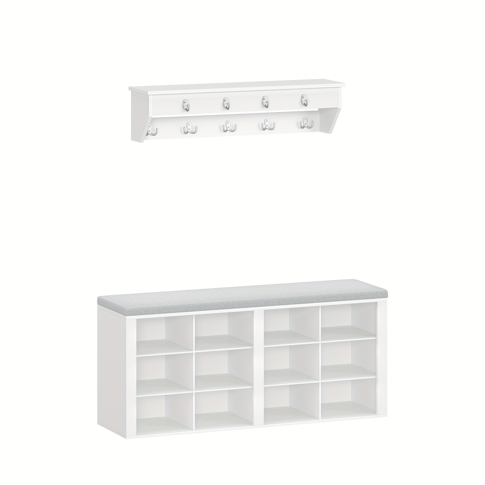 Image of Hzuaneri Shoe Storage Unit, Bench With Cushion, Entryway Bench 30 X 104 X 49 Cm, Wall-mounted Coat Rack With 9 Hooks And Shelf For Living Room, Bedroom, Entryway, In White And Gray