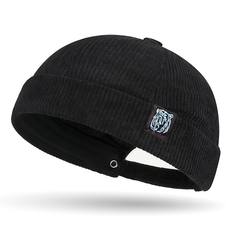 Image of A Unisex Vintage Corduroy Beanie With Patch, A Warm And Casual Sailor Hat For Autumn And Winter, Soft And Comfortable With Adjustable Sizing