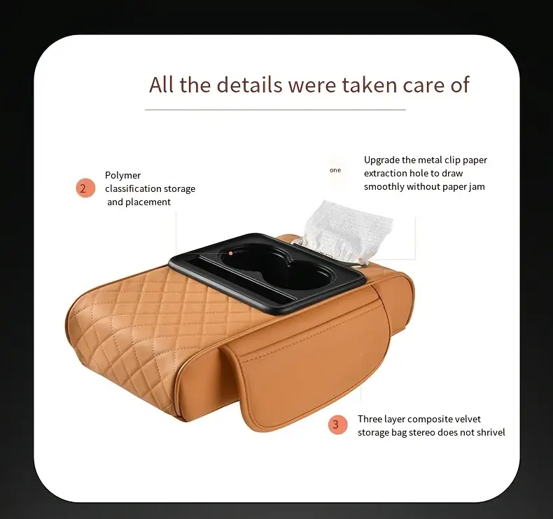 armrest box mat multifunctional universal armrest box cover with 2 side pockets and 2 cup holders heightened and expanded multifunctional storage box universal armrest seat box cover protective cover suitable for mobile phones bottles and cards internal accessories Product details 6