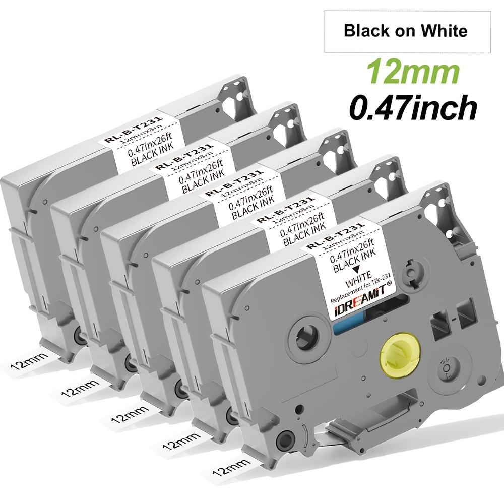 Image of 5-pack Replacement Tape Compatible With Brother Tze-231 Tz-231 Tape, Compatible With Brother Pt D200 D210 1880, Replacement Label Tape, 12mm 0.47 Inch Black Text On White Background