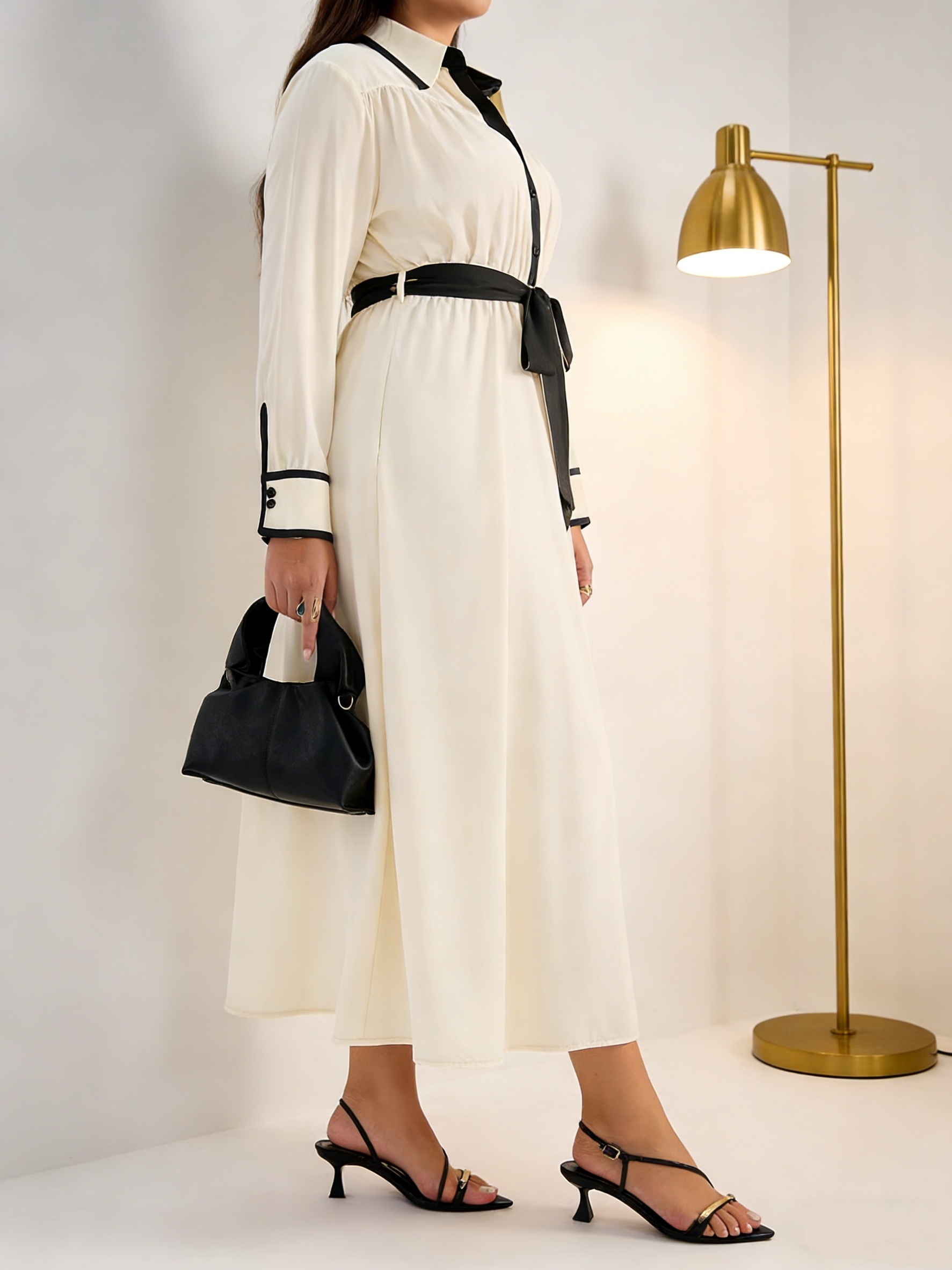 plus size womens cream shirt dress black trim tie belt long