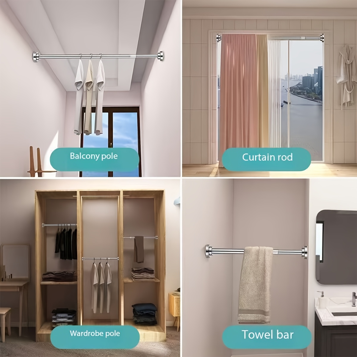 Image of 1pc Contemporary Adjustable Stainless Steel Clothes Rod, No-drill Multi-functional Hanging Rack For Bedroom, Bathroom, And Wardrobe - Versatile Towel Bar, Curtain Rod, And Balcony Pole