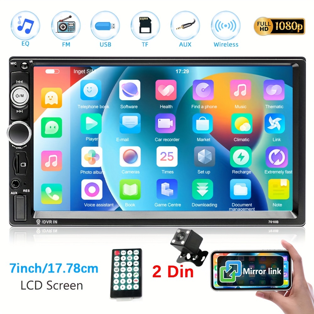 

1pc Double Din Eq Car 7" Lcd Car Wireless Fm, Mp5 Usb/sd/aux Swc, Portable 4led