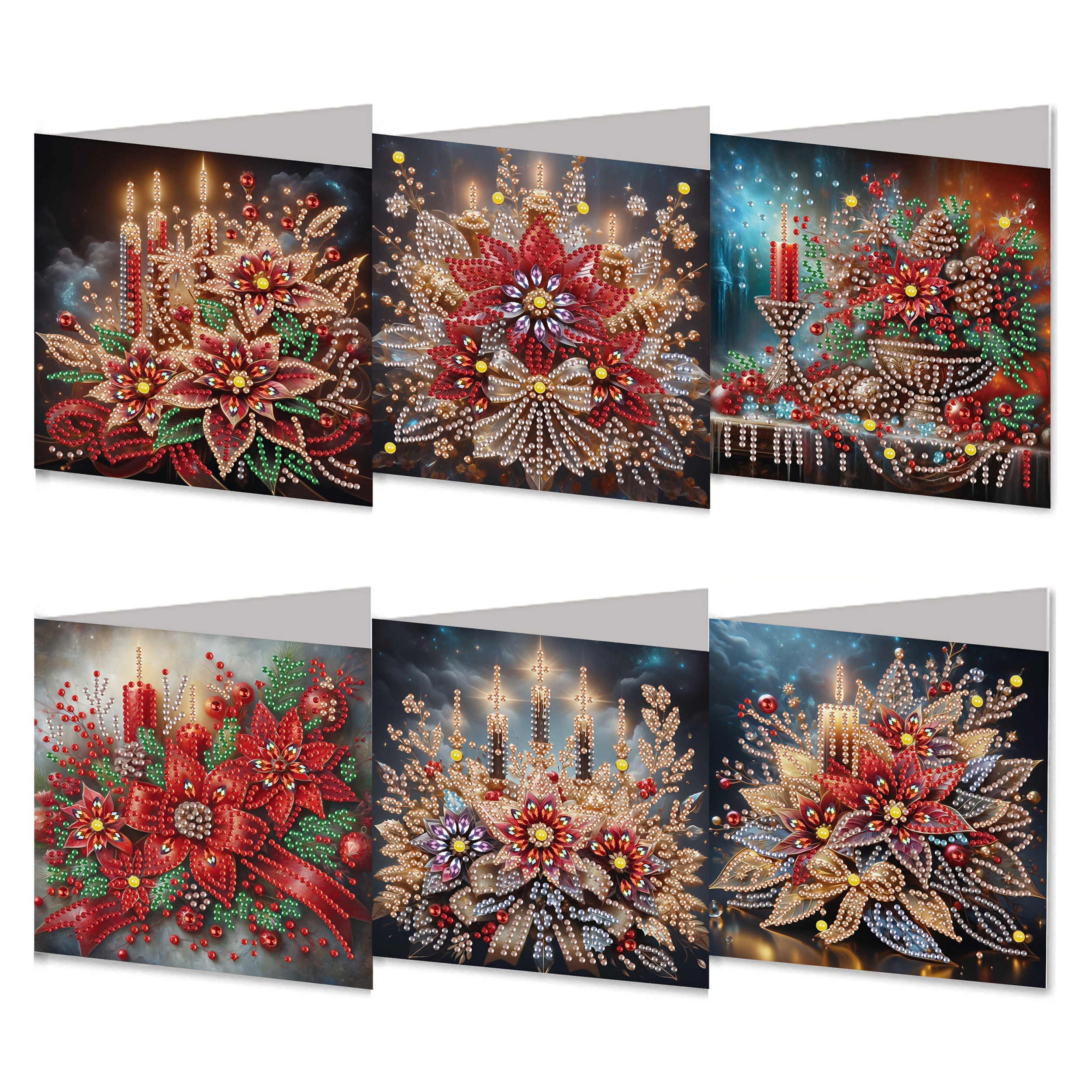TEMU A Set Of 6 Christmas-themed Candle Design Diamond Painting Greeting Cards, 5d Unique Rhinestone Art Embellishment Mosaic Craft Postcards Made