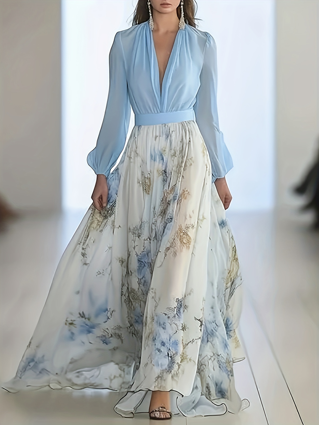 Elegant Women S Bohemian Chiffon Maxi Dress with Deep V-Neck, Lantern Sleeves &   Hem - Floral Print,   for Spring/Fall, Long Sleeve Dress