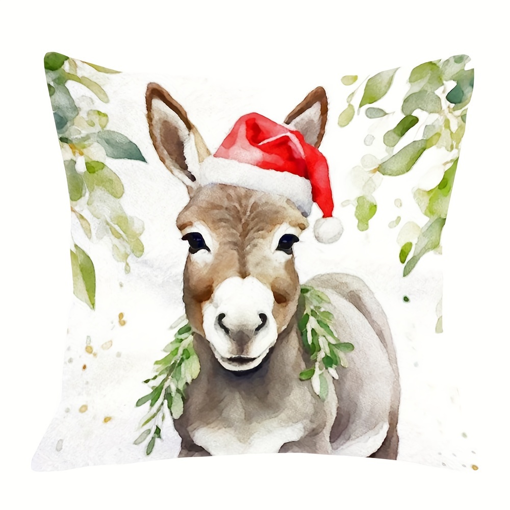 

1pc, Christmas Donkey Watercolor Short Plush Pillowcase, 18x18 Inches, Contemporary Style, Polyester, Zipper Closure, Machine Washable, For Sofa, Living Room, Bedroom Home Decor, Sallun-407