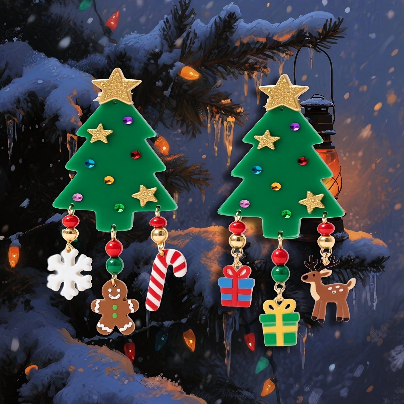 TEMU Boucles d'oreilles fantaisie mignonnes et amusantes, boucles d'oreilles , boucles d'oreilles acryliques à pompon arbre de Noël pour Noël et