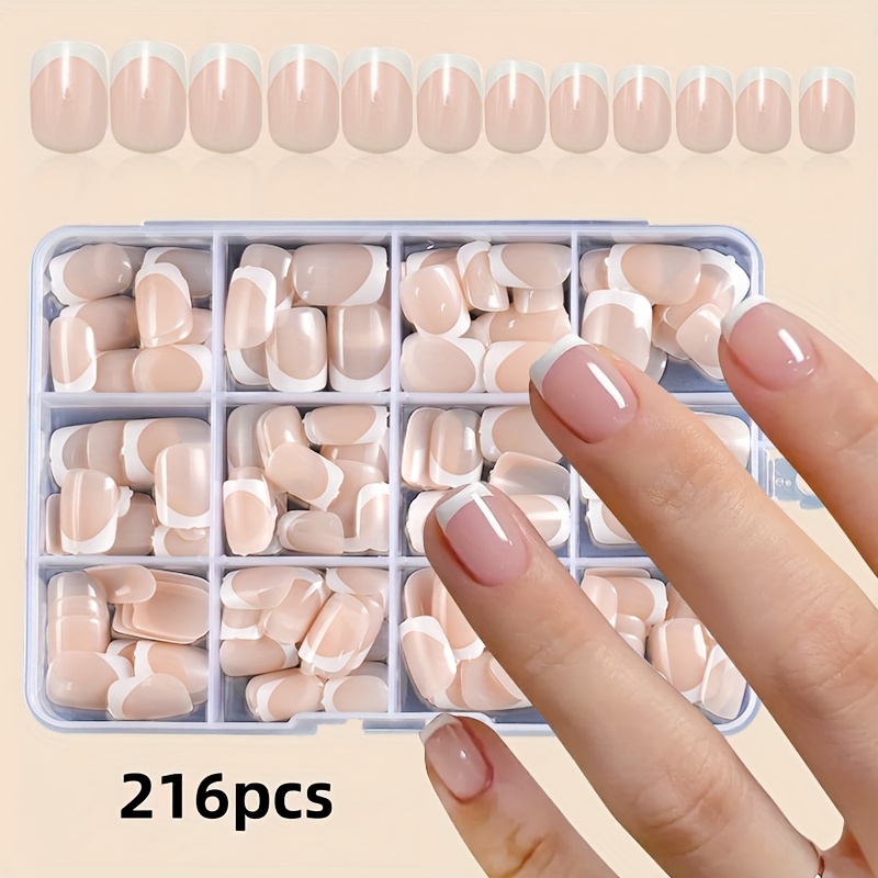 Image of 216pcs Short Square White French Manicure Nails - Glossy, Nude & -on Nails For Daily Work, Study, And Party Diy - Perfect For Women, Party Nails | French Manicure Nails | Glossy Finish