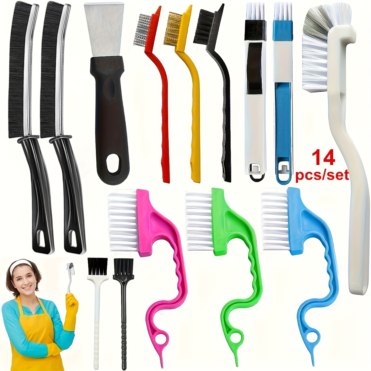 Image of 1 Set Of 14pcs-[ Cleaning Brush] Detail Cleaning Brush Set - Portable, Medium Firmness Plastic Handle, With Attachment, For Kitchen, Bathroom, Living Room, Toilet, Outdoor, No Electricity Needed