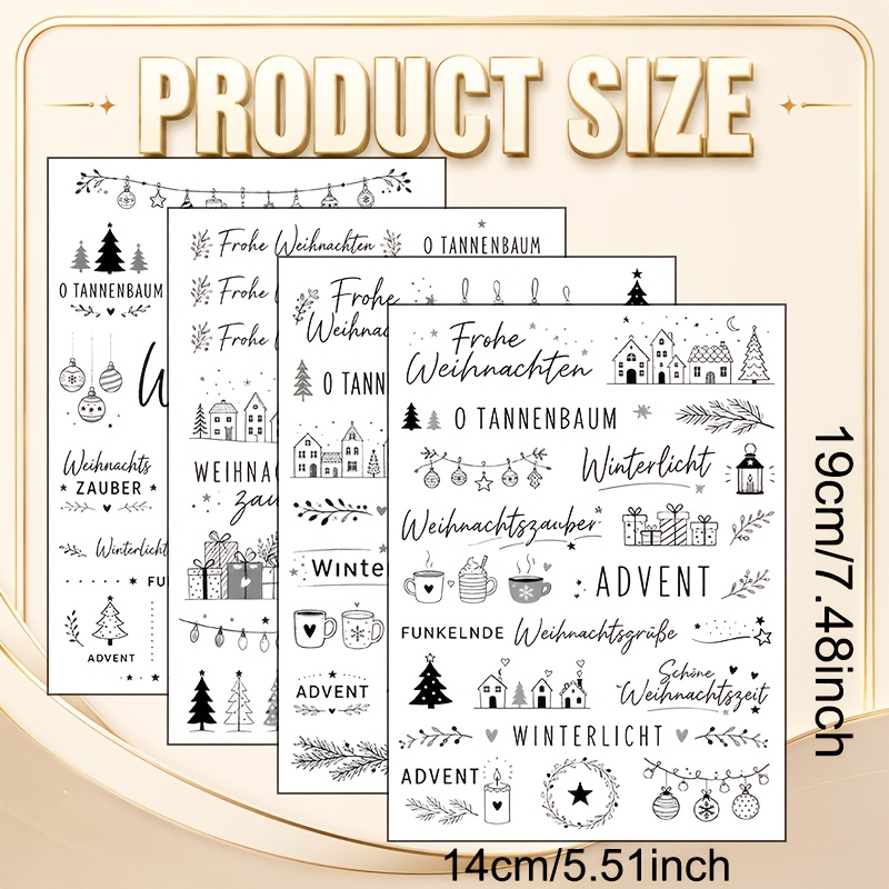 TEMU 4pcs German Christmas Style Uv Transfer, Featuring German Christmas Short , Fir Trees, Country Cottages, Cups, And Minimalist Black And White
