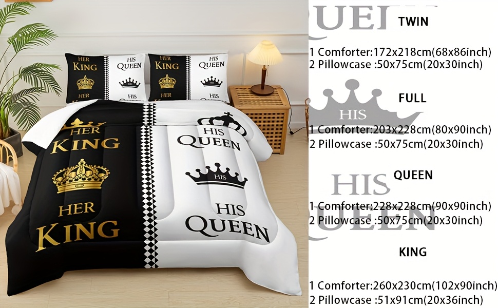 3pcs queen and   letter print couple comforter set his and hers quilt set black white   set romantic valentines day theme mr mrs bedding set for bedroom decor soft microfiber couple comforter set with 2 pillowcase Product details 1