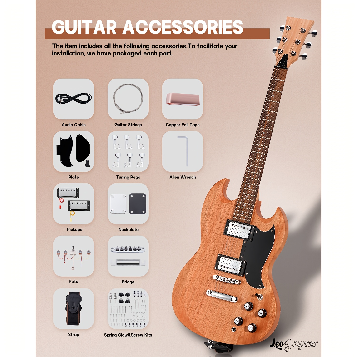 Leo Jaymz 1pc DIY Electric Guitar Kit - S-S-S Pickup Configuration, Ebony Fretboard, Maple Neck, Mahogany Body - Single Tremolo Bridge, 22 Frets, Fully Enclosed Tuning Pegs, Room Electrical Wiring
