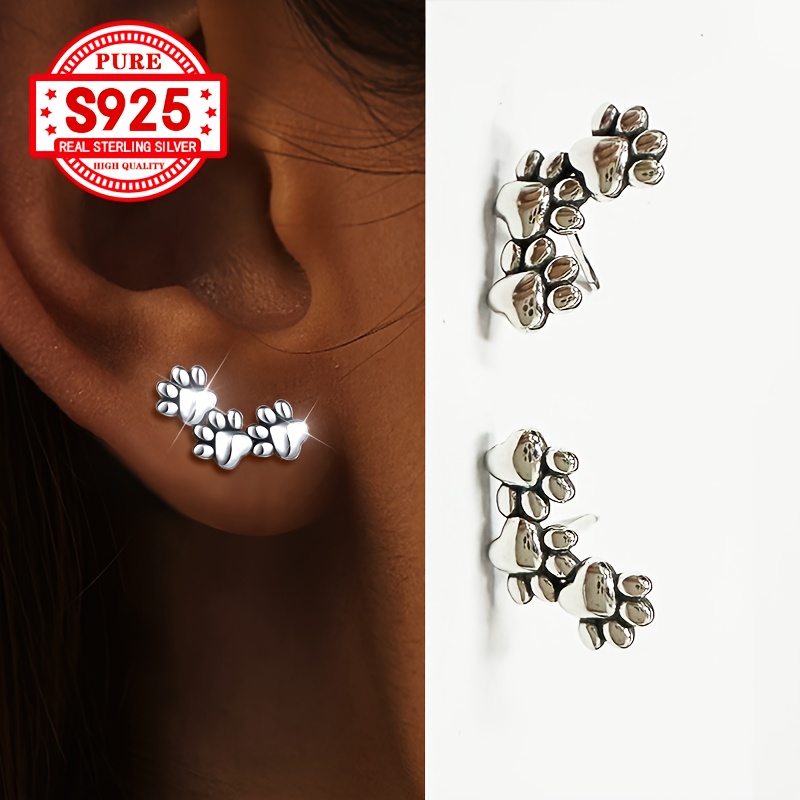 TEMU 1 Pair S925 Sterling Silver Animal Paw Stud Earrings, Cute Claw Design, Hypoallergenic Fashion Jewelry For Women, Perfect Gift For Christmas & All , 1.4g