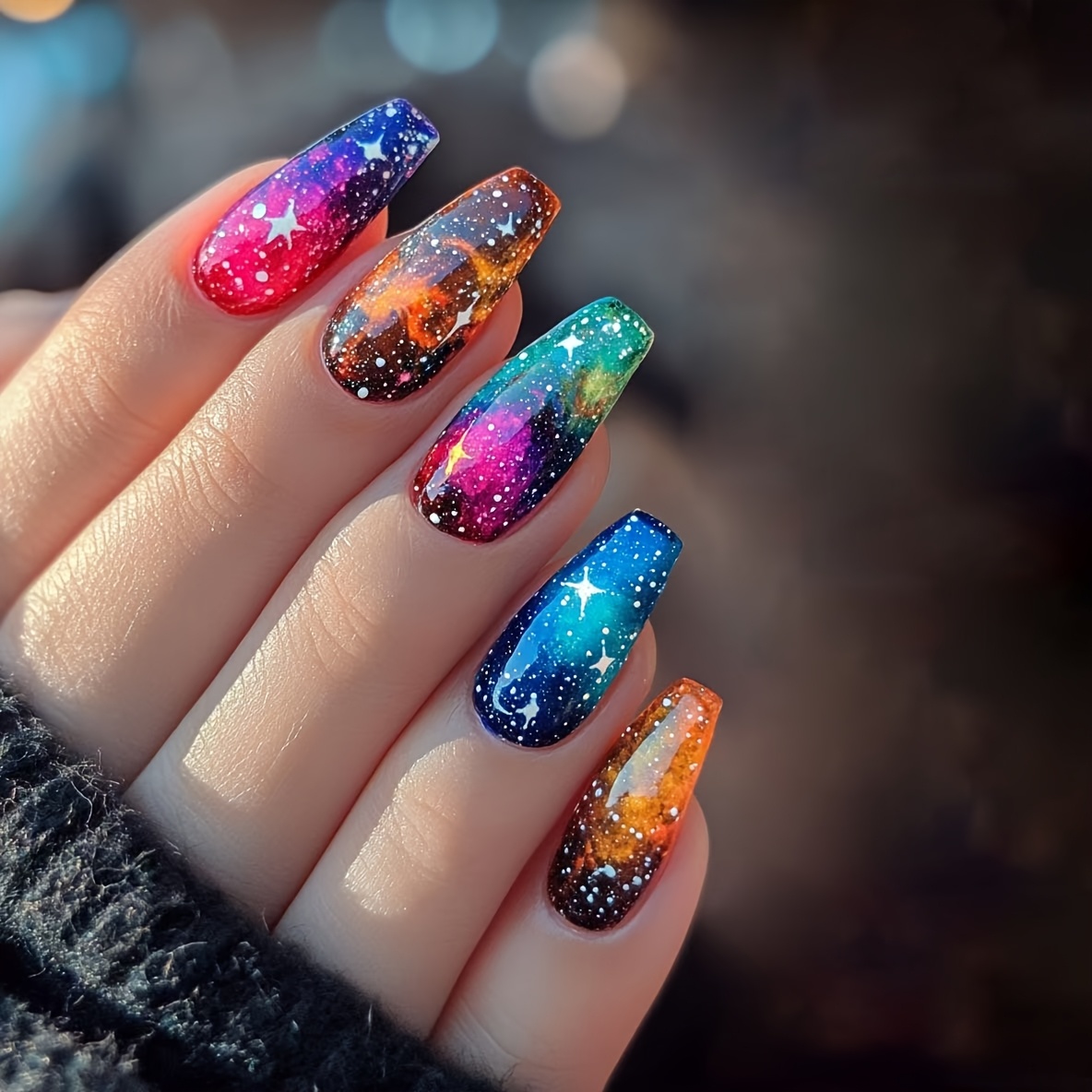 TEMU 30pcs Of Medium And Long Nail Art, Gorgeous Faded Gradient Star Nail Art, European And Red And Blue Dream Fashion Temperament Elegant And Cute Fake