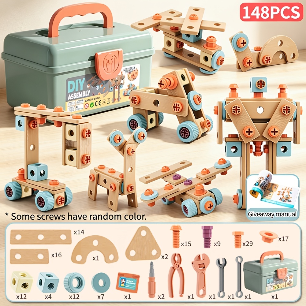 TEMU Ensemble d'outils de réparation simulés pour enfants, 129/148 pièces, jouet à vis détachables et assemblables, boîte à outils de jeu de rôle de