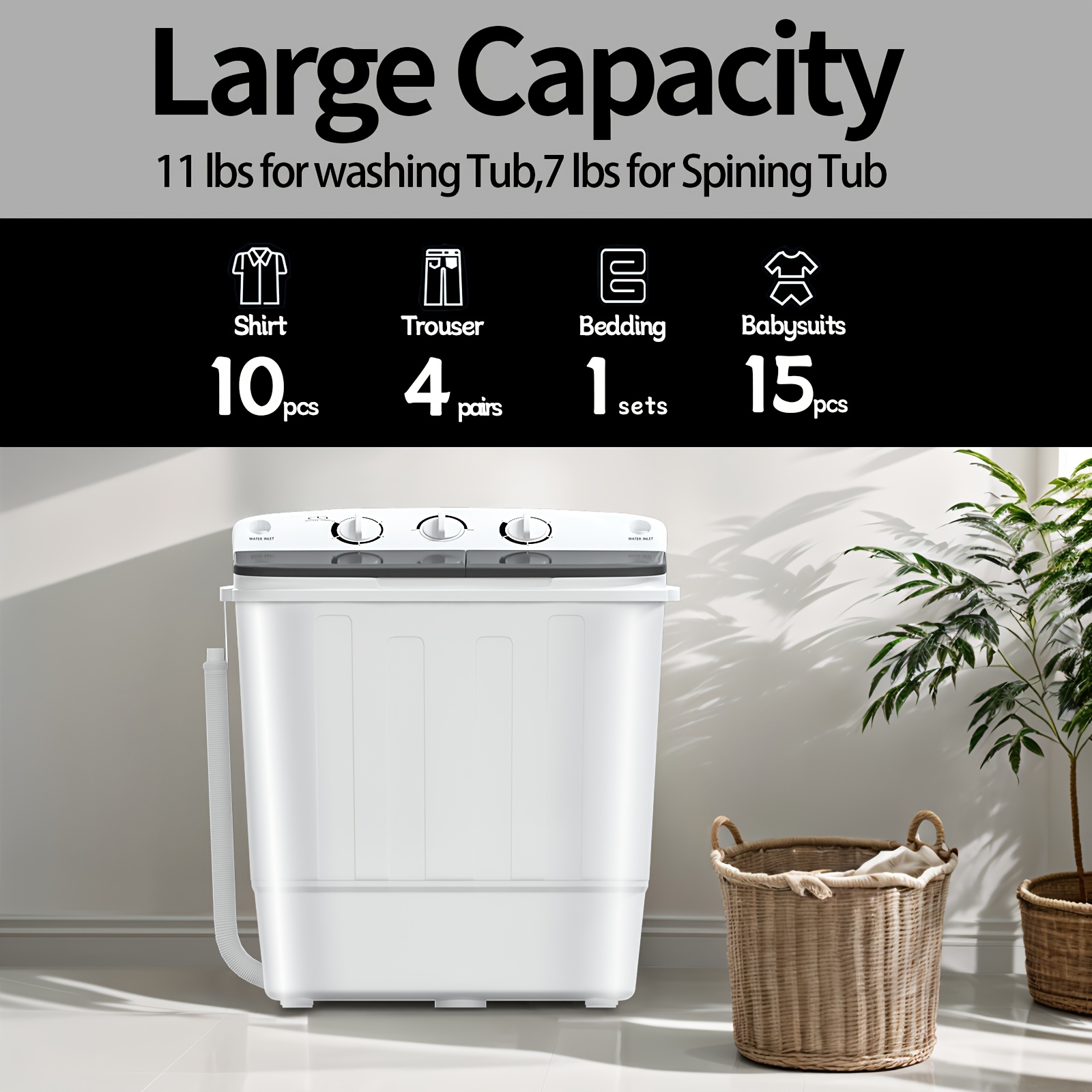 19lbs Capacity Compact Mini PortableDouble Drum Washer Free 7 Hangers And 1Drying Rod - Saves Space, 1300RPM, Saves Energy AndTakes Care Of Your Clothes - Great for Smallloads, Camping And Caravanning!