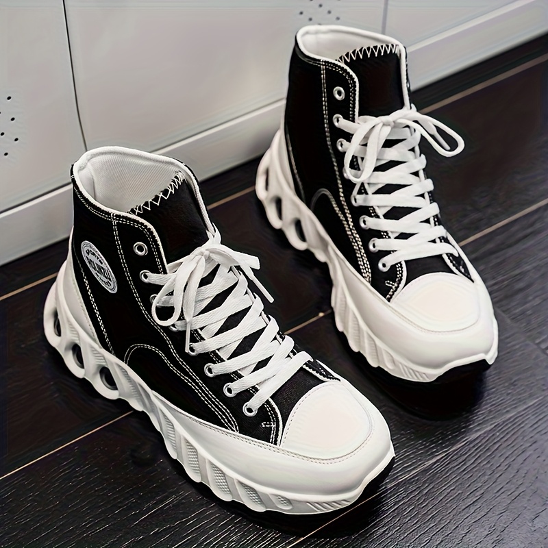 Explosive High Top Shoes for Spring and Summer 2025 | New Height Increasing Thick Soled with Wavy Sole, Classic Black Sports Canvas Shoes for Men | AOPLUS Brand, Mid Top, Fit