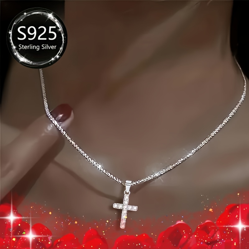 3pcs 925 Sterling Silver Cross Necklace & Sparkling Bracelet Set